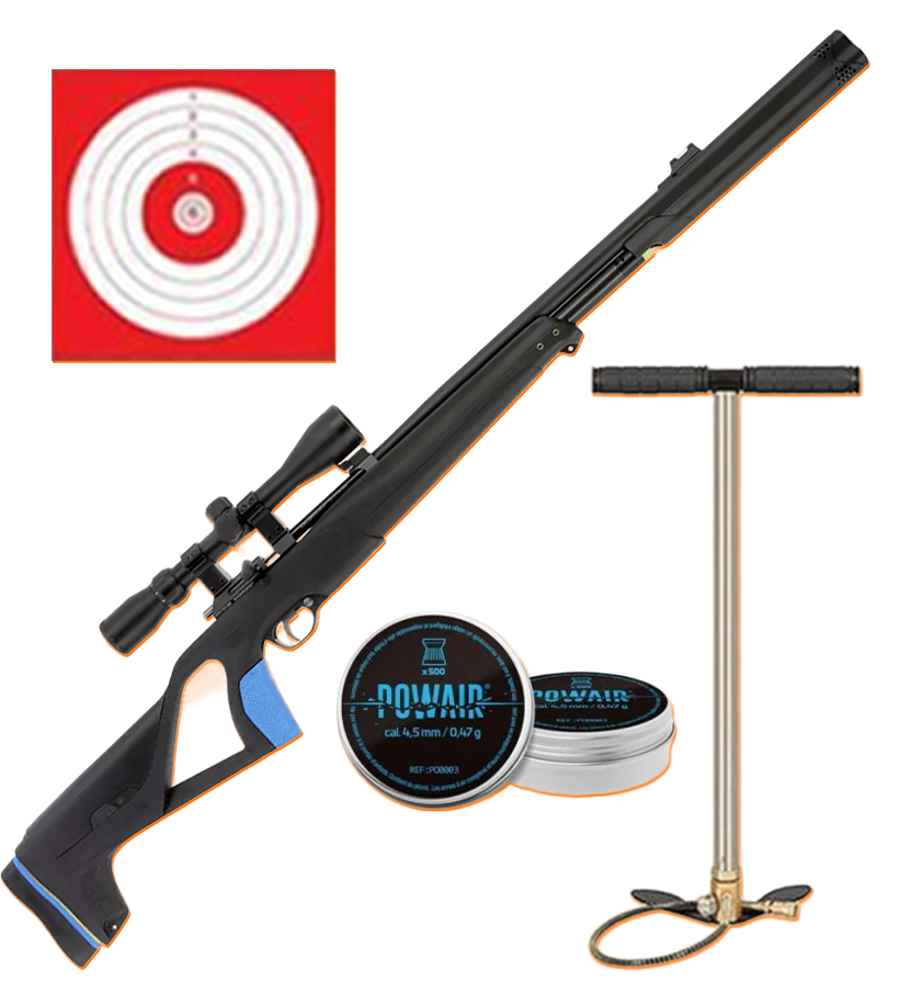 + Lunette 3-9x40�<br/>+ 500 plombs Powair�<br/>+ 100 cibles 14x14�<br/>+ Pompe PCP HP Elite