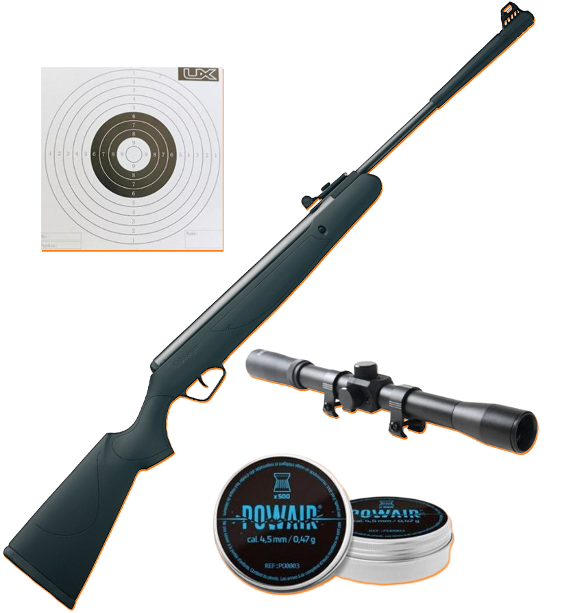 + Lunette de tir 4x32<br/>+ 500 plombs Powair�<br/>+ 100 cibles 14x14
