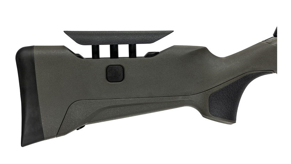 Appui-joue : r�glable avec une seule main ; le busc, en � cuir synth�tique �, se d�ploie gr�ce � un syst�me de ressort.