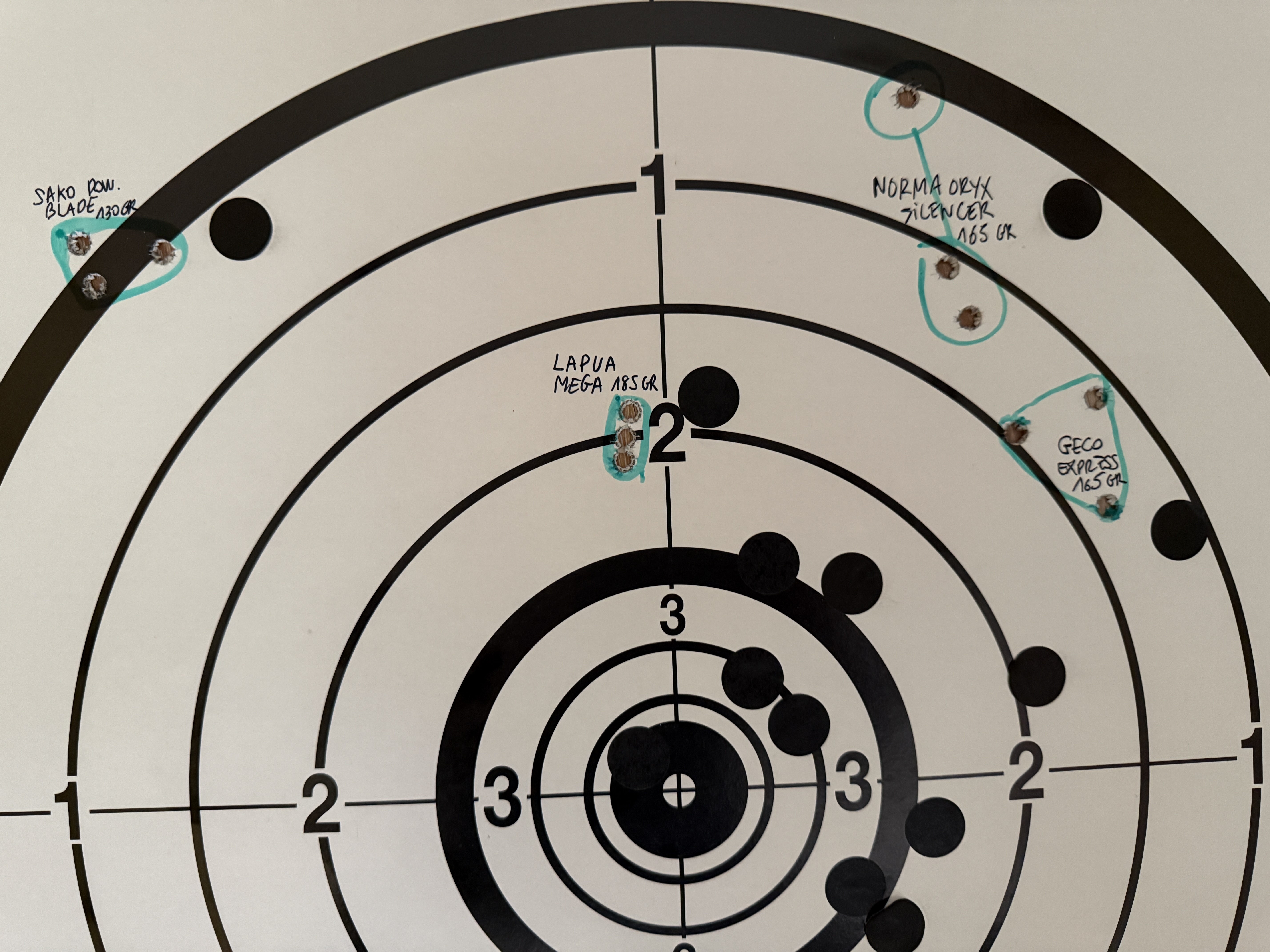 Les Lapua Mega Soft Point 185 grains ont donn� le meilleur groupement de l'essai : trois impacts c�te � c�te � 100 m�tres. Les Sako Powerhead Blade 130 grains, tr�s bien dig�r�es aussi, permettent de tester le comportement de la CIMA PRO avec une balle monom�tallique plus l�g�re et plus rapide. Les Oryx Silencer de Norma ont �t� victimes d'un coup de doigt ; sans quoi, nul doute que le groupement e�t pu �tre tr�s correct�