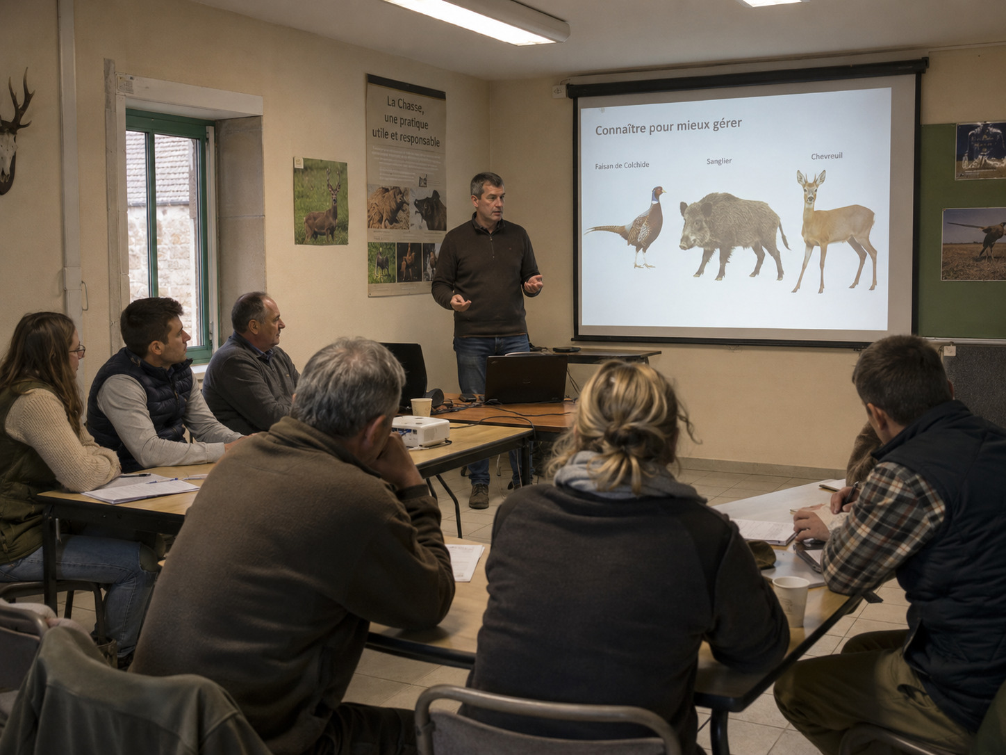 Session de formation th�orique au permis de chasser anim�e par un formateur. 