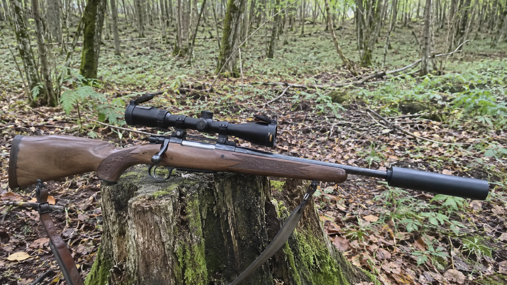 Carabine � verrou �quip�e d'un mod�rateur de son, configuration chasse � l'approche.