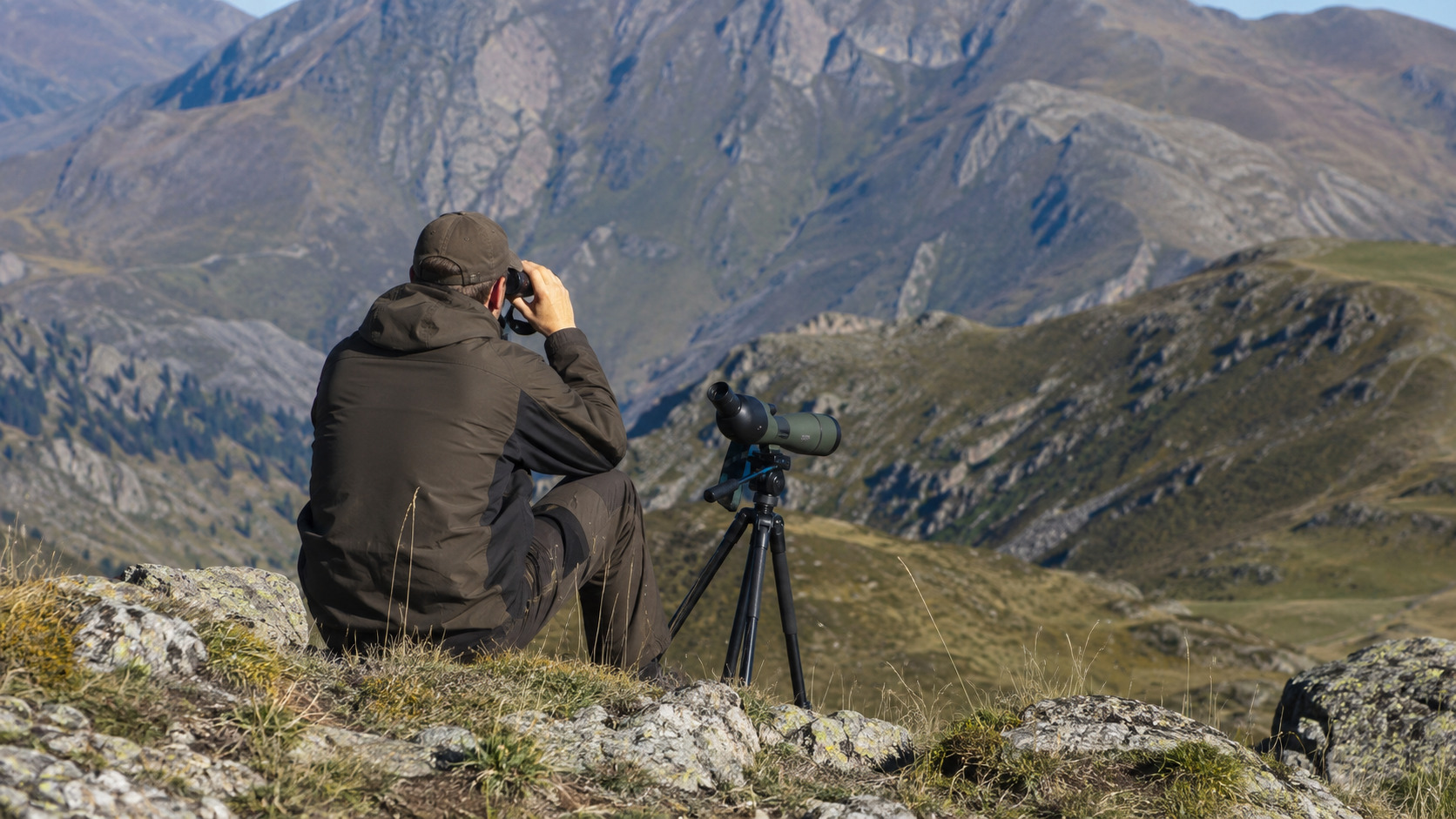 Rep�rage � la jumelle en montagne, � la recherche du chamois (Pyr�n�es).