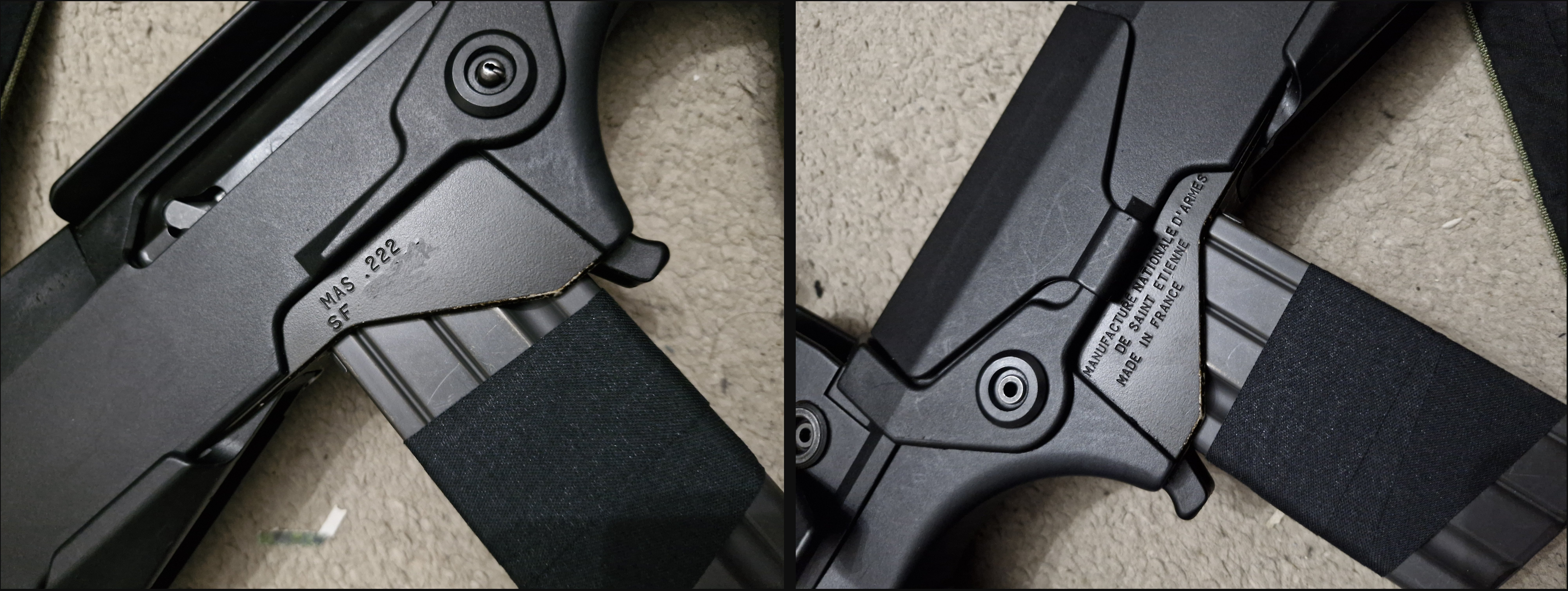 Sur le cot� gauche de l'arme, ces inscriptions sont inscrites MANIFACTURE NATIONALE D'ARMES DE SAINT ETIENNE � MADE IN FRANCE.