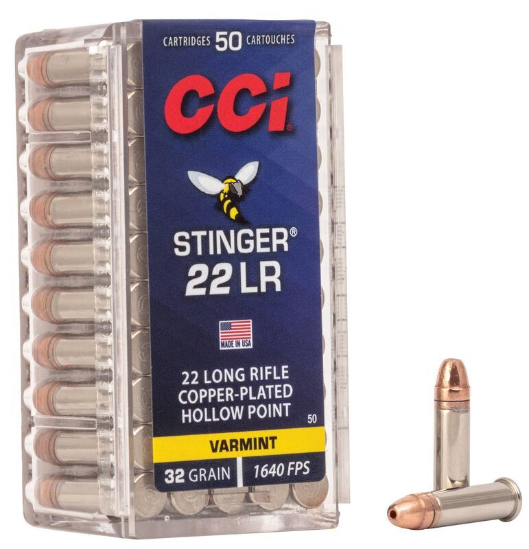 Douille nickel�e allong�e � 17,8 mm, balle raccourcie de 32 grains, projectile en plomb plaqu� cuivre et cavit� en goutte d'eau : le secret de la vitesse et de l'expansion de la Stinger.