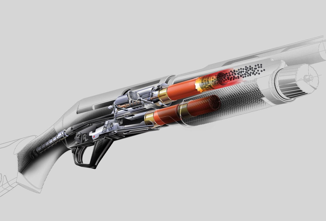 Sans emprunt de gaz, le syst�me � inertie Benelli garde l'arme propre et les doubl�s rapides.