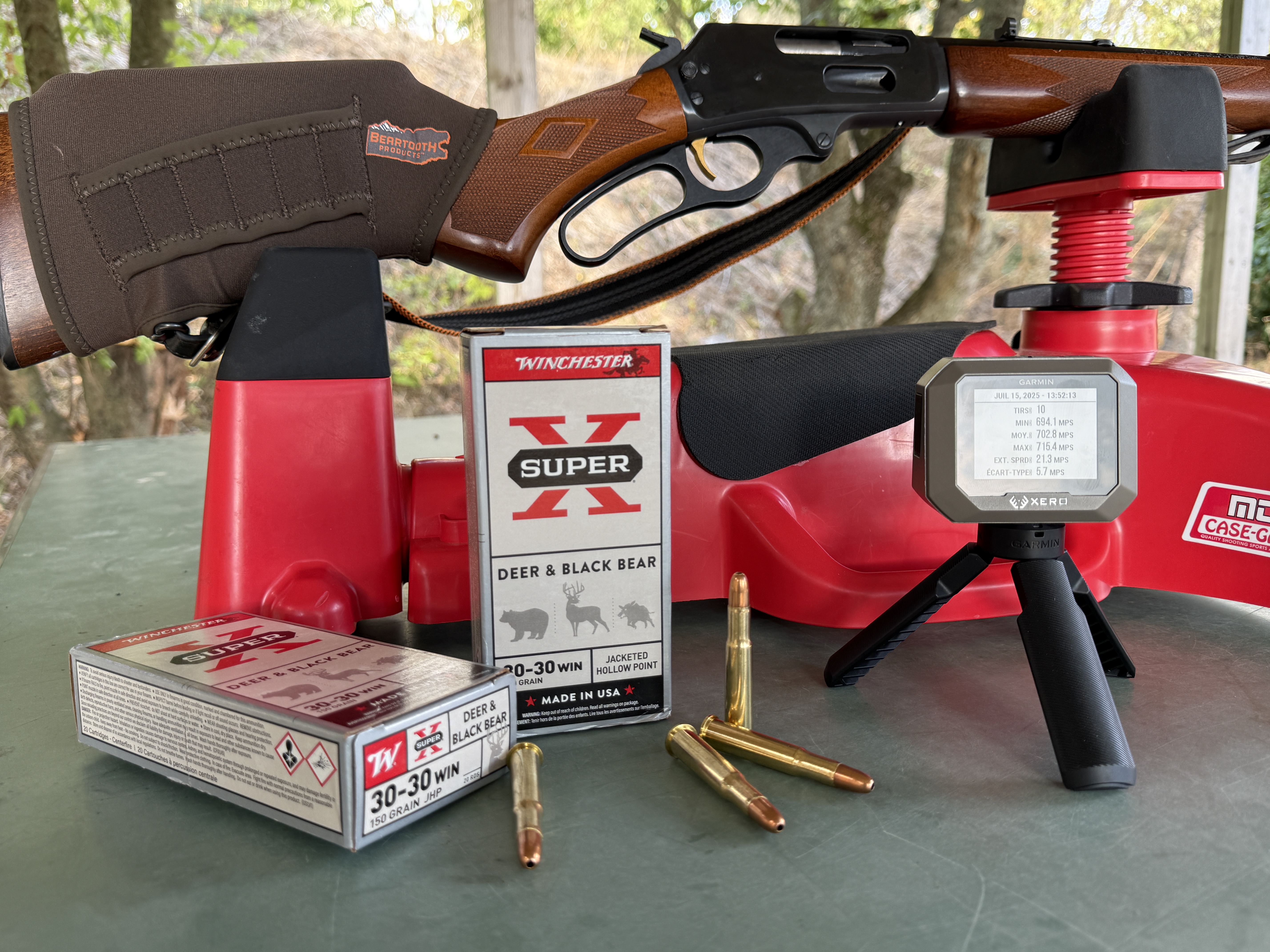 Notre banc d'essai : Marlin 336, chevalet MTM Case-Gard, chronographe Garmin Xero C1 Pro et Winchester Super X 30-30 de 150 grains. 