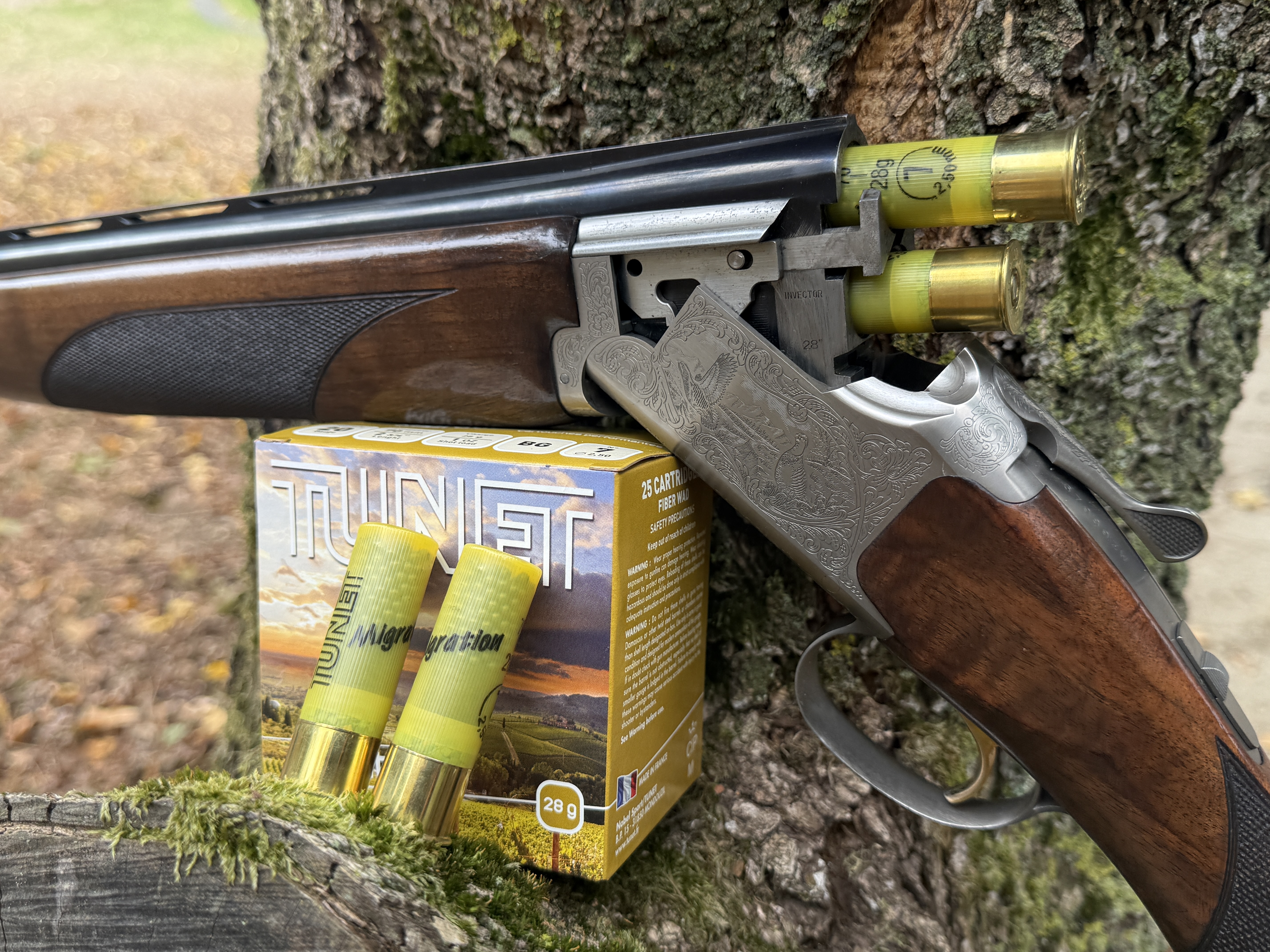 1 � La Tunet Migration 20/70 dans au c�t� d'un Browning B525 20/76 : 28 g de plomb, bourre grasse, culot laiton de 8 mm. Une recette traditionnelle pour le petit gibier.