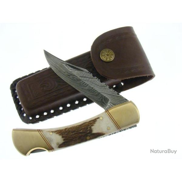Couteau De Poche Lame Damas 126 Couches Manche Bois de Cerf Etui Cuir DM1040 - Z