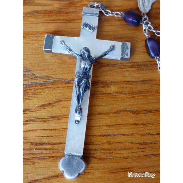 SUPERBE CHAPELET RELIGIEUX ANCIEN AVEC CROIX EN ARGENT POINCONNEE + PIERRES MAUVES NATURELLES