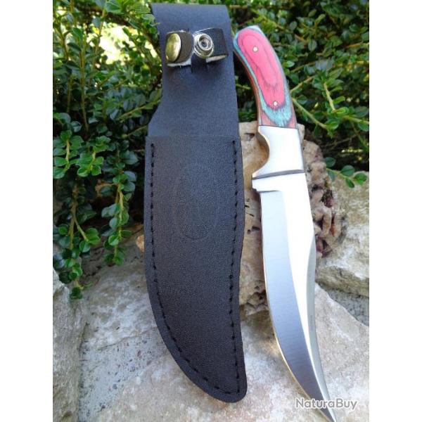 Poignard Couteau de Chasse Lame Acier Carbone 1055 Manche Bois Etui Simili Cuir PA7847