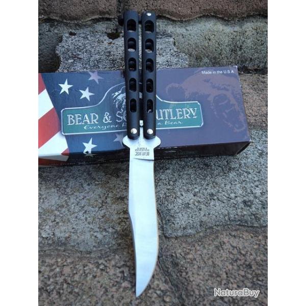 Couteau Papillon Butterfly Ballisong BEAR & SON BUTTERFLY 5" Black HANDLES Made In USA BC114B