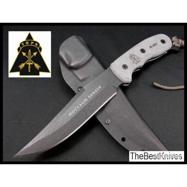 Couteau de Survie Tops Moccasin Ranger Lame Acier 1095 Manche Micarta Etui Nylon Made In USA TP88