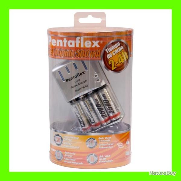 PRIX CASS Chargeur secteur RAPIDE 2/4 Piles. Livr AVEC 4 accus rechargeables AA Pentaflex 2500mAh