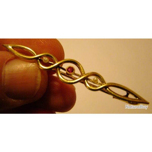 SUPERBE BROCHE A EPINGLE ANCIENNE - BIJOU DE CRAVATE + RUBIS+ PERLES - POUR COLLECTION OBJETS DIVERS