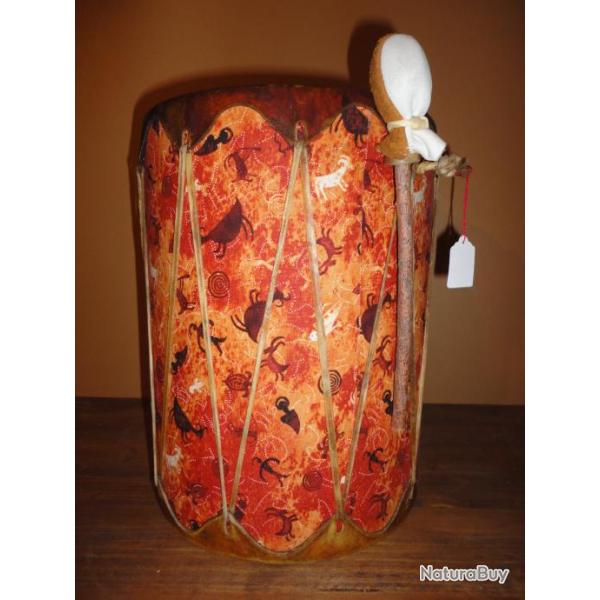 Drum am�rindien en Rawhide ( D�cor g�om�trique fond orange)