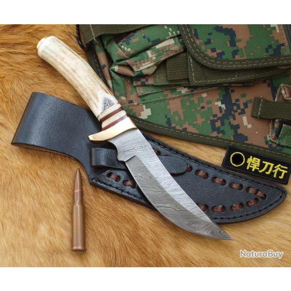 Couteau Bowie Lame DAMAS 128 couches Manche Bois de Cerf + Housse en Cuir DM1045