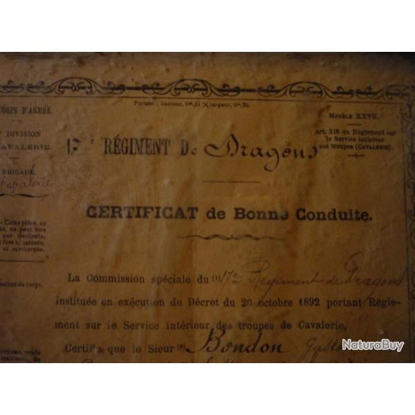 certificat de bonne conduite  du 17 eme regiment de Dragons