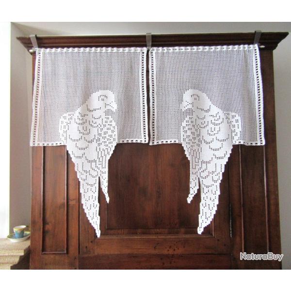Rideaux brise vue " Oiseaux Perroquets " crochet Pi�ce unique fait main.