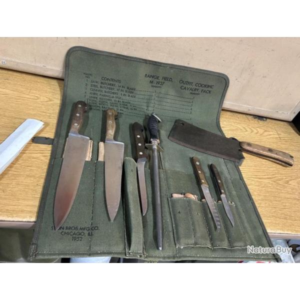 RARE ORIGINAL AUTHENTIQUE USMC KOREA MEAT CLEAVER HACHOIR 1951 + SET COUTEAUX ET HOUSSE M-1937