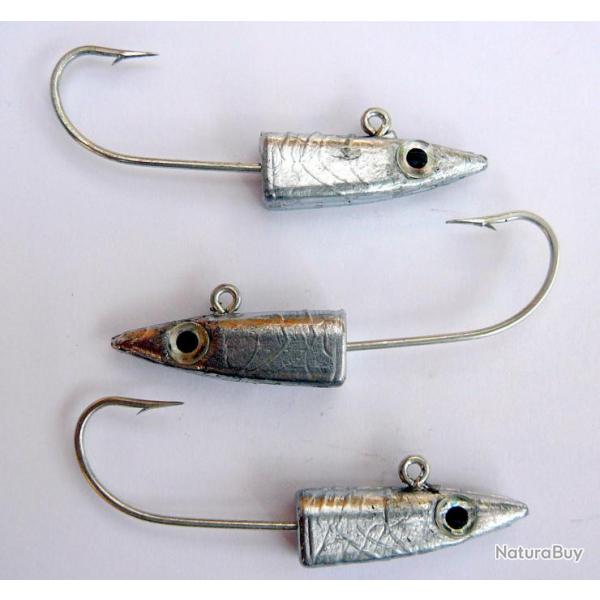 lot de 3 tetes plomb�es fusiform de 10gr pour leurre souple civelle ou lan�on de 10cm