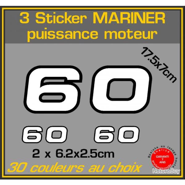 3 sticker MARINER puissance moteur 60 cv serie 2 hors bord bateau peche