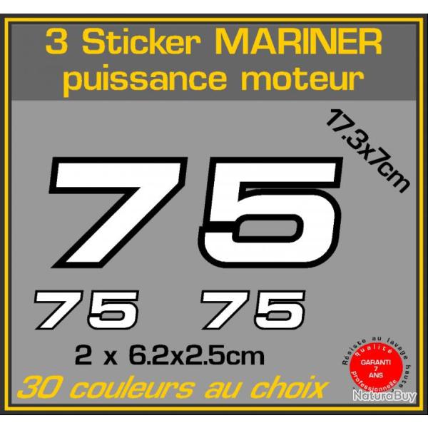 3 sticker MARINER puissance moteur 75 cv serie 2 hors bord bateau peche