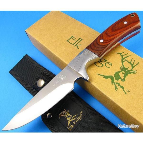 Couteau de Chasse Elk Ridge Acier 440 Manche Bois Etui Nylon ER148