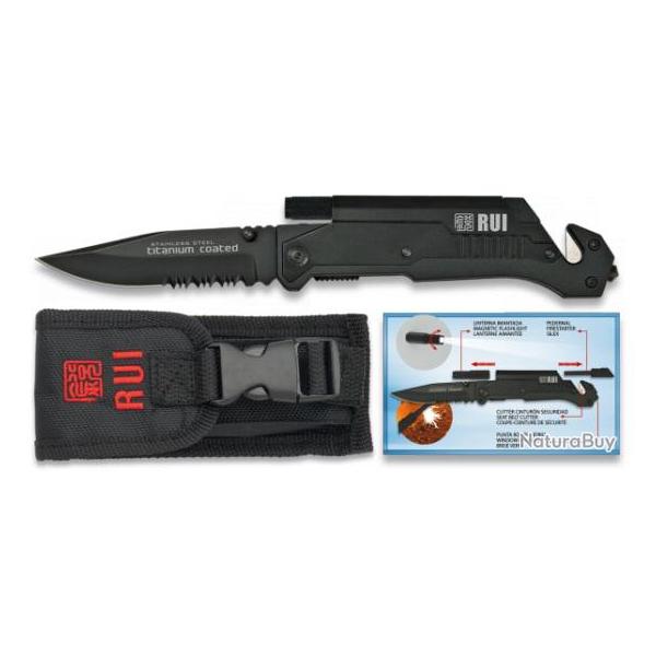 Couteau Pliant Sp�cial Pompier Noir avec Lampe Led, pierre � aiguiser et �tui pour ceinture