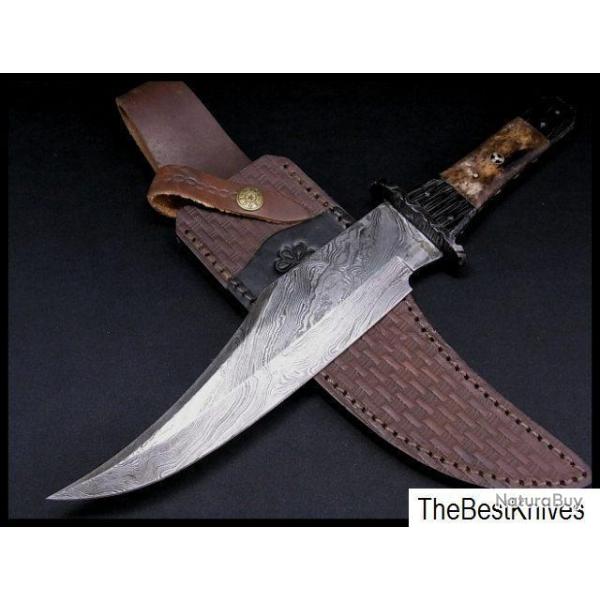 Couteau Bowie Damas Tri Circle Bowie Lame Acier Damas 256 Couches Manche en Os DM1049