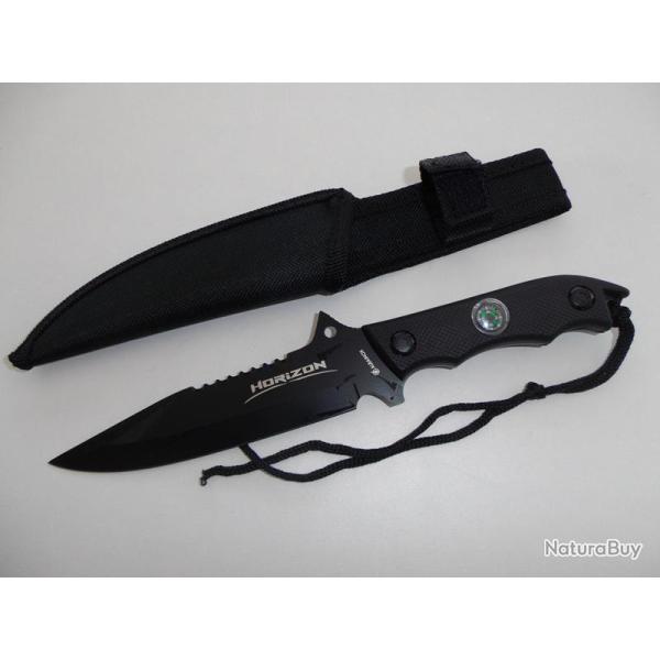 Couteau Militaire Tactique HORIZON Noir de 24 cm avec Boussole et �tui pour ceinture