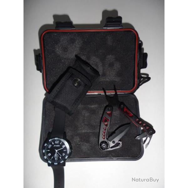 Coffret Couteau et Pince Multifonctions et Montre ( noir et rouge )