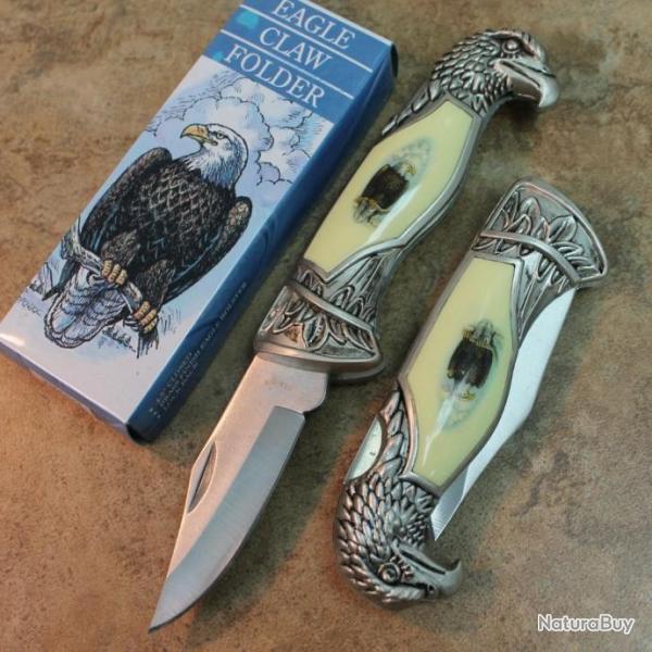 Lot de 2 Couteau de Poche Aigle Am�ricain Manche Fa�on Ivoire Aigle en m�tal Lame Acier CN210999