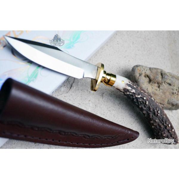 Skinner Couteau de Chasse Hunter Acier Carbone Manche Bois de Cerf Etui Cuir SS7017