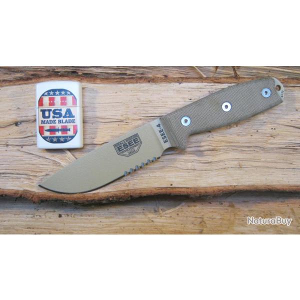 Couteau de Survie Esee Model 4 Part Serrated Carbon 1095 Manche Micarta Etui Kydex Made USA ES4SMBDT