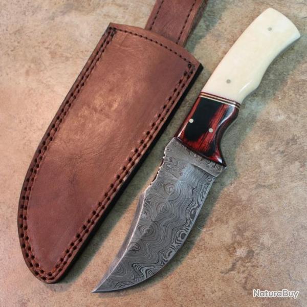 Couteau de Chasse Lame Damas 258 Couches Manche Os & Bois Etui Cuir DM1078
