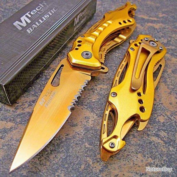 Couteau Mtech Gold A/O Lame Acier Inox Serrated Manche Alu Ouvre Bouteilles MTA705GD