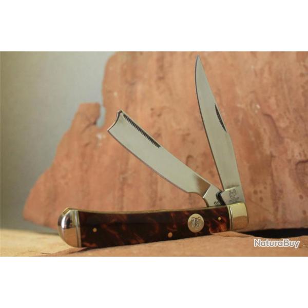 Reproduction Couteau Rasoir de Trappeur 2 Lames Acier 440 Manche Imitation Ecaille de Tortue RR515
