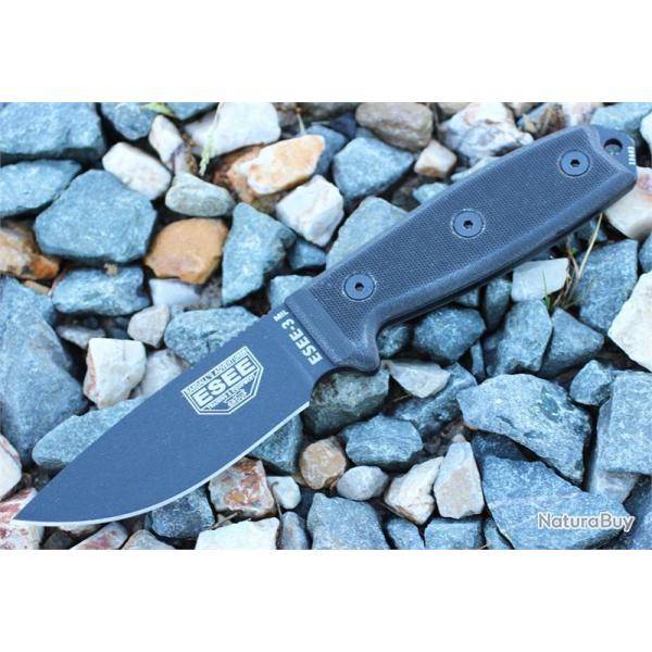 Couteau ESEE Model 3 Black Acier Carbone 1095 Manche G-10 Noir Etui Kydex + Molle Made ES3MILPBLK