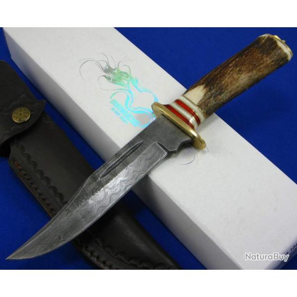 Couteau de Chasse Damas 256 Couches Manche Bois de Cerf Etui Cuir DM1043