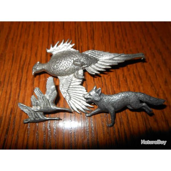 lot de 4 broches pins sign�es faisan,oies,renard;b�cassine