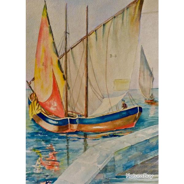 Henri Epstein Gouache Sur Papier encadr�e belle isle en mer le port du palais