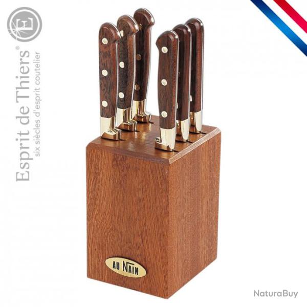 Bloc en h�tre, 6 couteaux steaks haute qualit�, mitres laiton