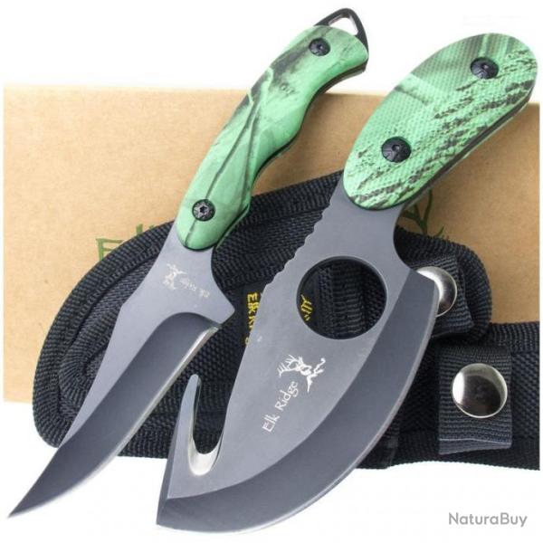 Set de 2 Couteaux de Chasse Elk RIdge Hunting Set 2 Piece Carbone/Inox Manche Abs Etui Nylon ER300CA