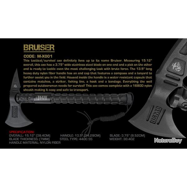 Hache Tomahawk USMC Elite Tactical Axe BRUISER Acier 440C Manche FRN USMX001