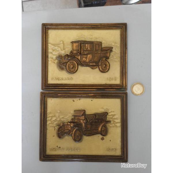 2 vintage plaque laiton voiture  rolls royce 1907 & packard 1912