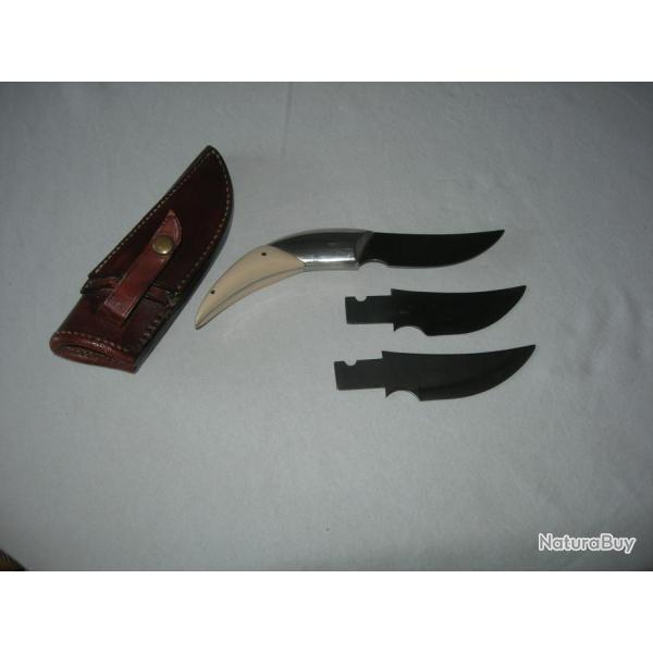 COUTEAU D'ARTISAN MANCHE EN IVOIRE TROIS LAMES  PIECE UNIQUE