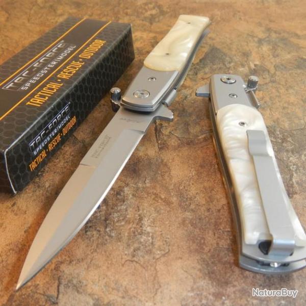 Couteau Stiletto Tac Force Milano A/O Lame Acier Inox Manche Abs Faon Perle TF428S