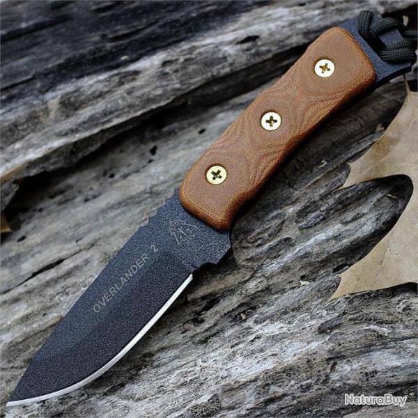 Couteau de Survie Tops Overlander 2 Carbone 1095 Manche Tan Micarta Etui Kydex Made USA TPOV78