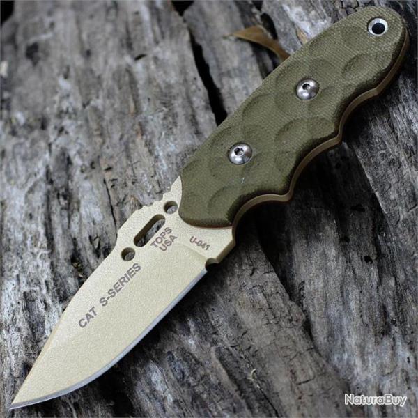 Couteau Tops Knives C.A.T. 200 Carbone 1095 Manche Green Micarta Etui Kydex Made USA TP200S04